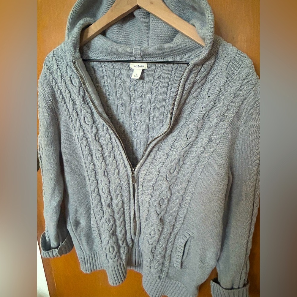 LL Bean Womens L Sweater Full Zip Gray Cable Knit